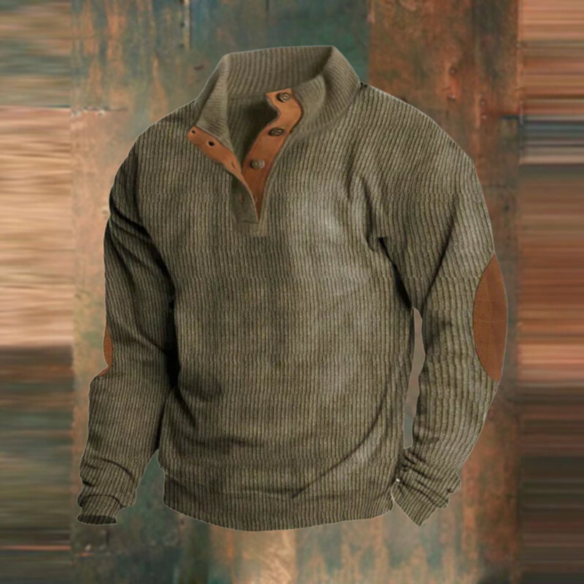 Men's Ribbed Knit Sweater Henley Pullover Elbow Patch Quarter Snap - Black