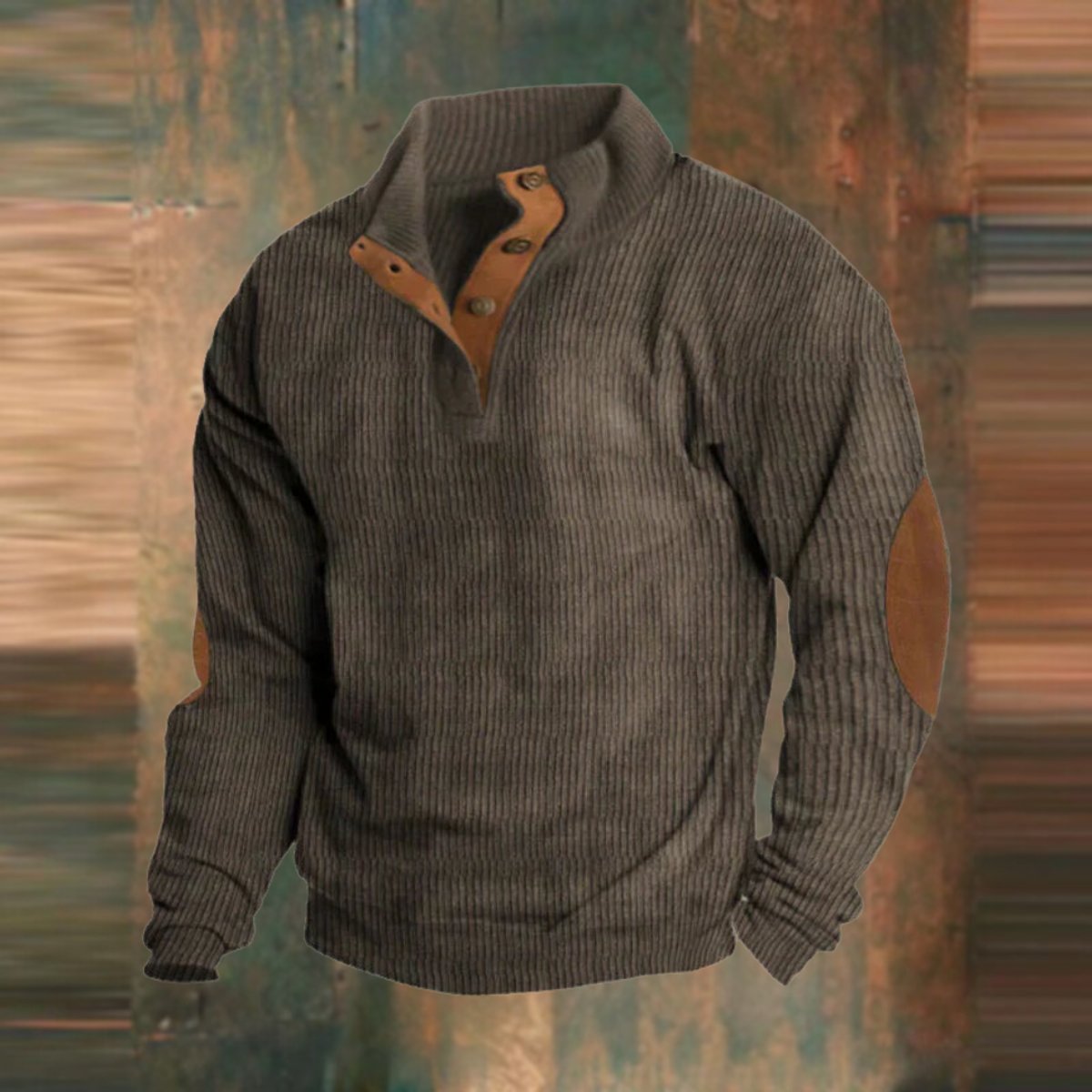 August | Men's Ribbed Henley Sweater with Elbow Patches