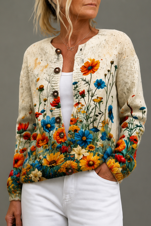 Helena | Women Floral Print Cardigan Open Front Soft Knit