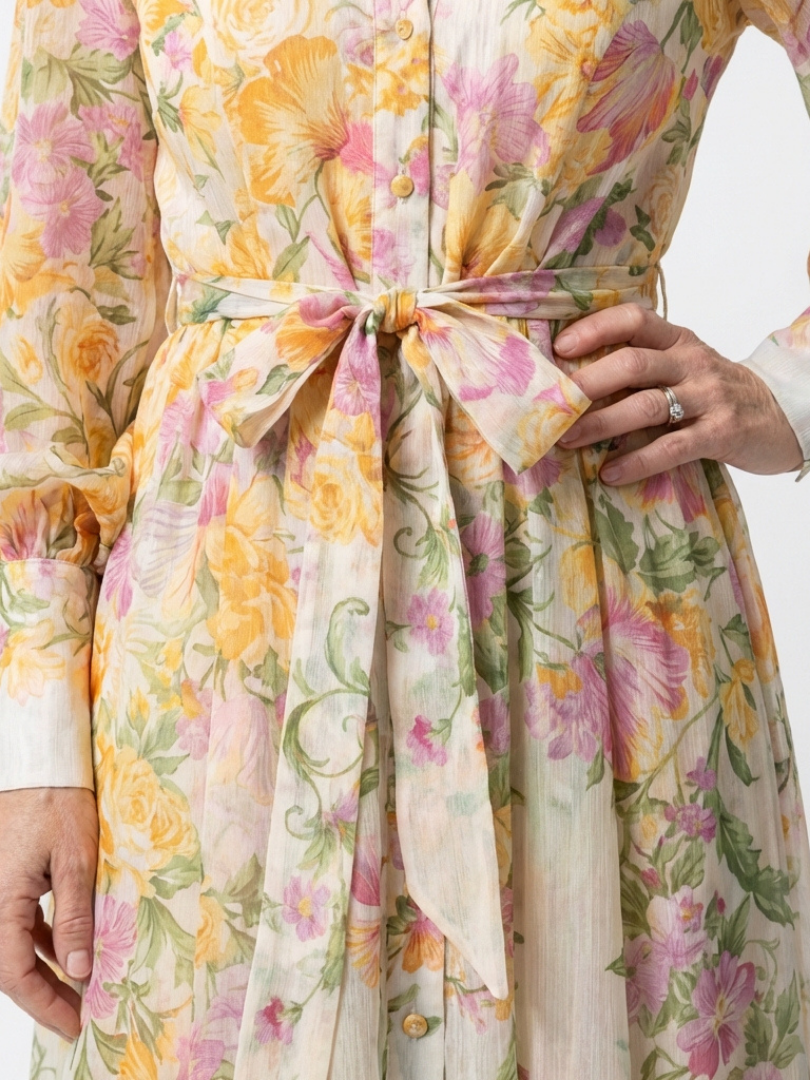 Flowy sheer floral maxi dress women long sleeve elegant fit