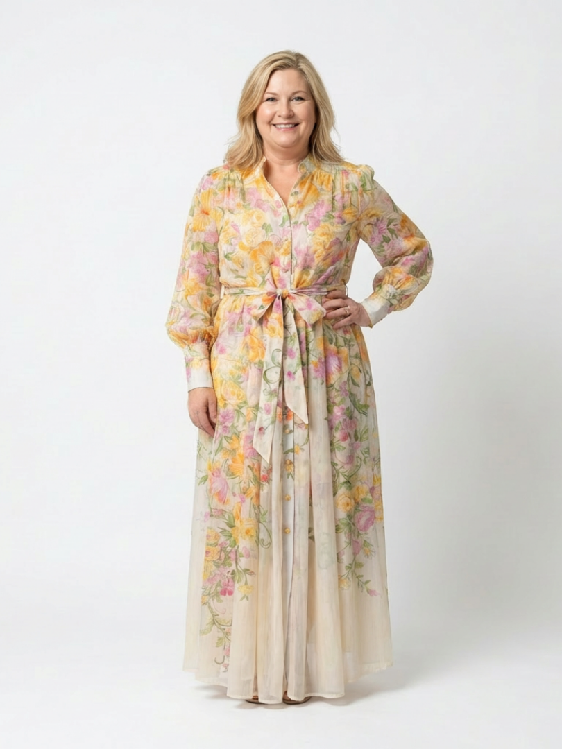 Flowy sheer floral maxi dress women long sleeve elegant fit