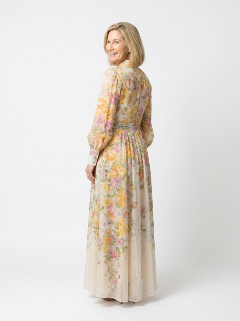 Flowy sheer floral maxi dress women long sleeve elegant fit