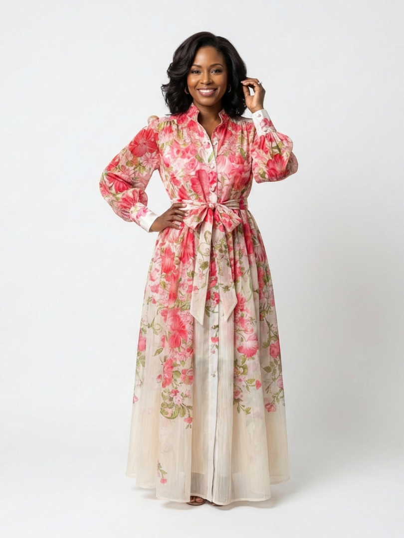 Flowy sheer floral maxi dress women long sleeve elegant fit