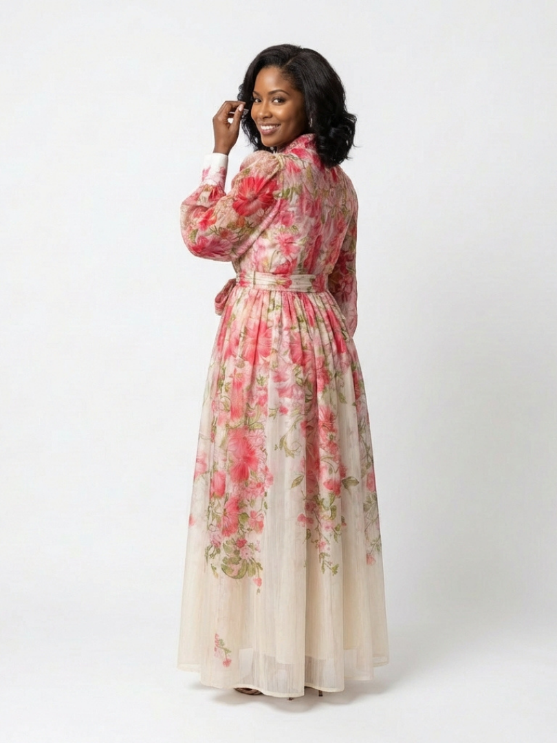 Flowy sheer floral maxi dress women long sleeve elegant fit