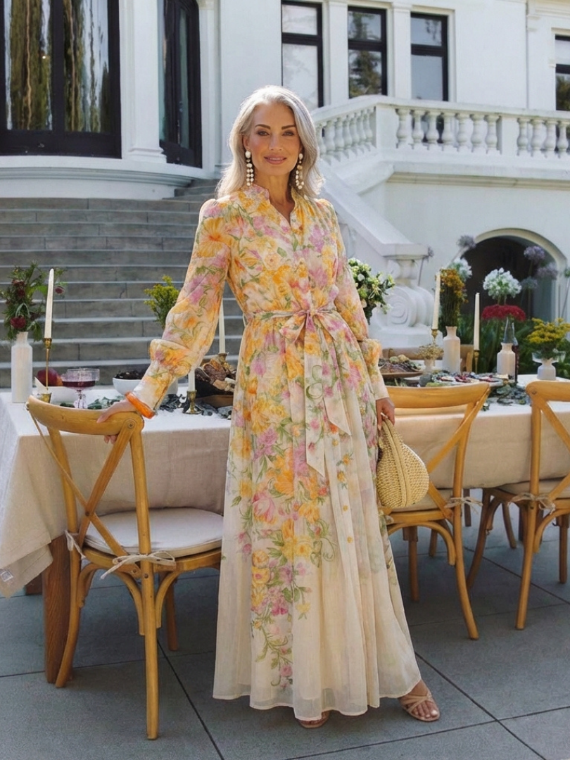 Flowy sheer floral maxi dress women long sleeve elegant fit