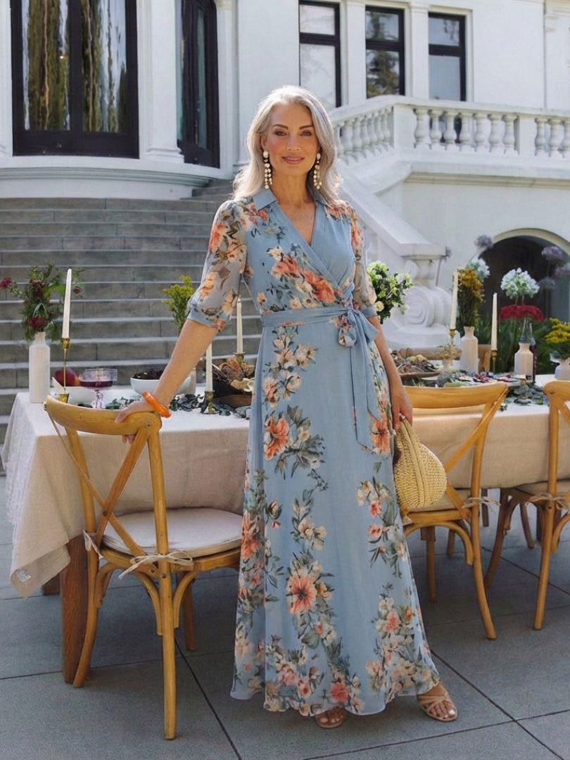 Stylish wrap maxi dress women floral V-neck soft flowy wear