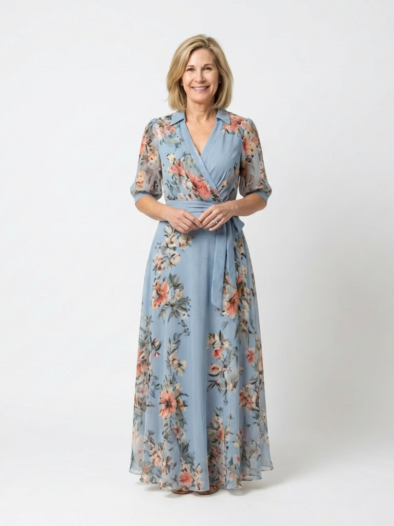Stylish wrap maxi dress women floral V-neck soft flowy wear