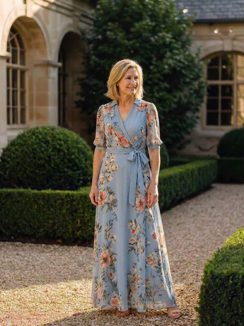 Stylish wrap maxi dress women floral V-neck soft flowy wear