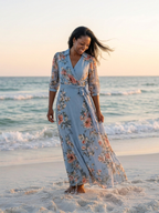 Stylish wrap maxi dress women floral V-neck soft flowy wear