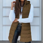 Women's Long Hooded Sleeveless Puffer Vest Lightweight Layering Gilet - Green