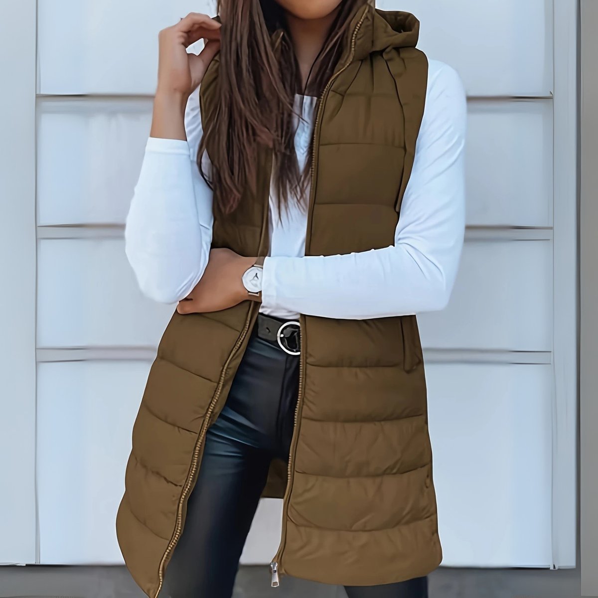 Women's Long Hooded Sleeveless Puffer Vest Lightweight Layering Gilet - Green