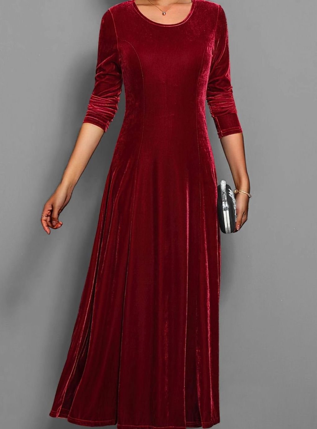 Women's Velvet Long Sleeve Formal Party Dress Maxi A-Line - Purple