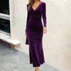 Althea | Women's Velvet V-Neck Midi Dress with Ruched Waist