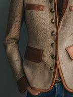 Cara | Women's Herringbone Tweed Blazer with Leather Trim
